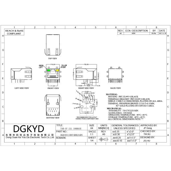 Single cell RJ45 connector 100Mbps integrated network transformer with light network interface DGKYD311B074DB2A4DN