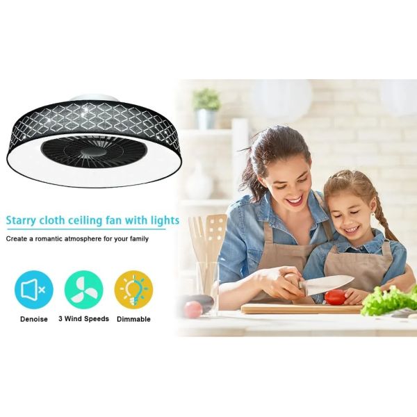 Kitchen Bedroom Living Room Timing Invisible Blades 57cm Dimmable fabric LED Ceiling Fan with Light(WH-CLL-72) ﻿
