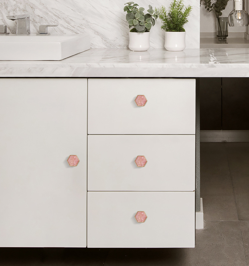 Zinc Alloy Marble Pattern Shell Stone Handle Hexagonal Cabinet Knob Hook Hole for Kitchen Bathroom Hotel Furniture