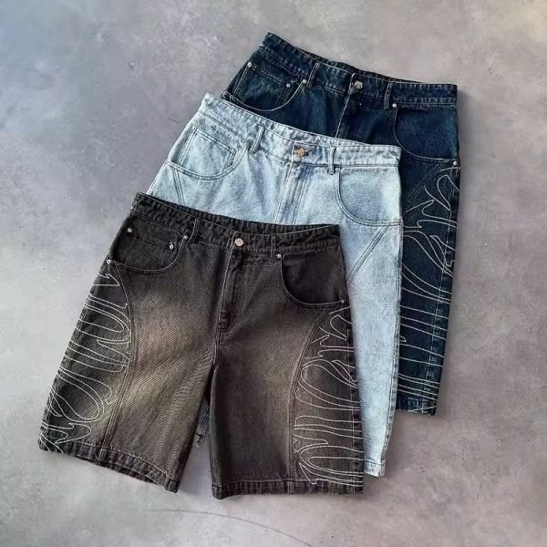 Vintage Denim Jorts Low Waist Patchwork Embroidery Shorts Streetwear Casual Hip Hop Style Summer Knitted Jorts Customizable