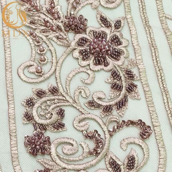 Embroidery Lace Nigerian Style Crystal Beaded Fabric For Bridal Gown