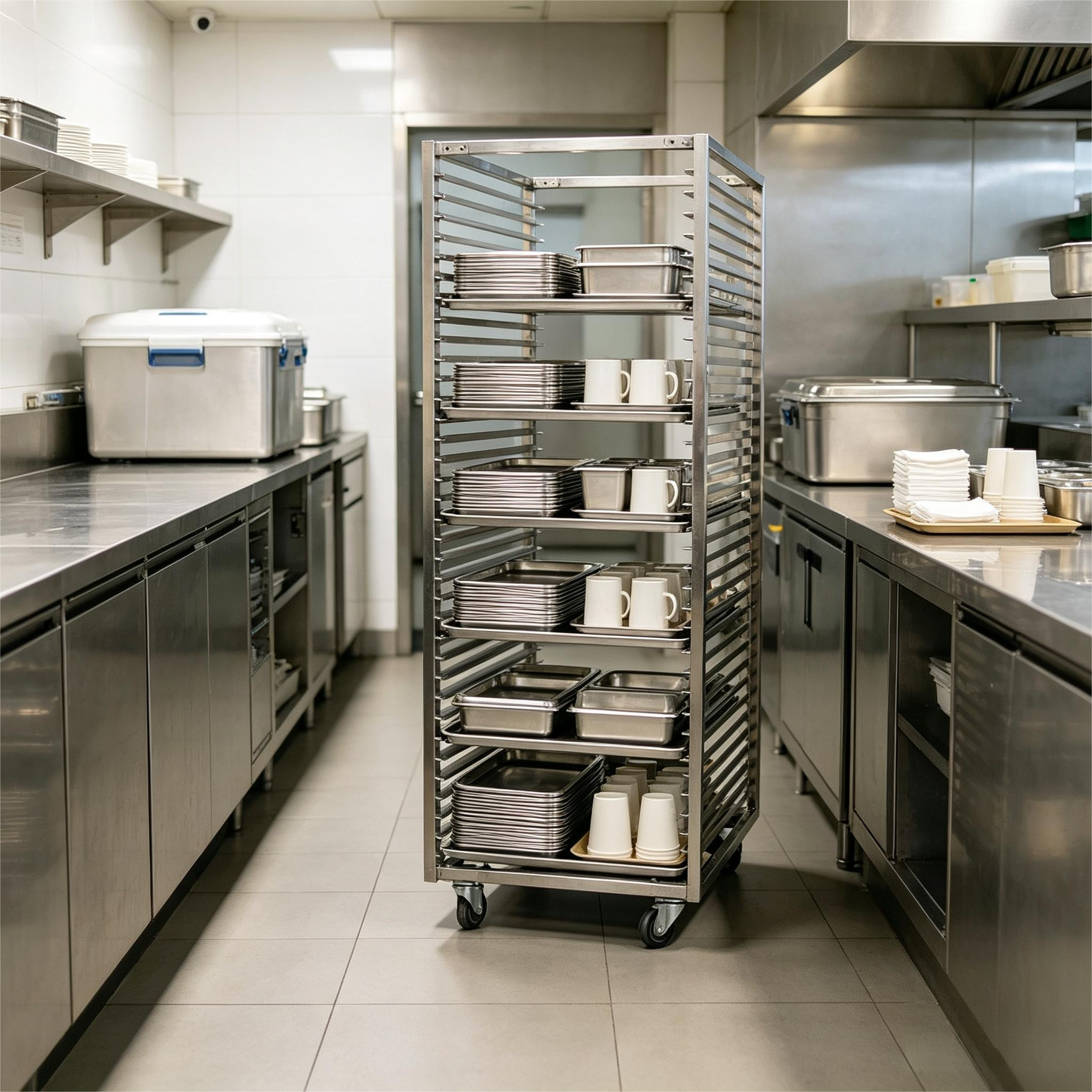 304 Food Grade Stainless Steel Rack Trolley 15 Tier Mirror Polished Rust Resistant Bakery Tray Cart