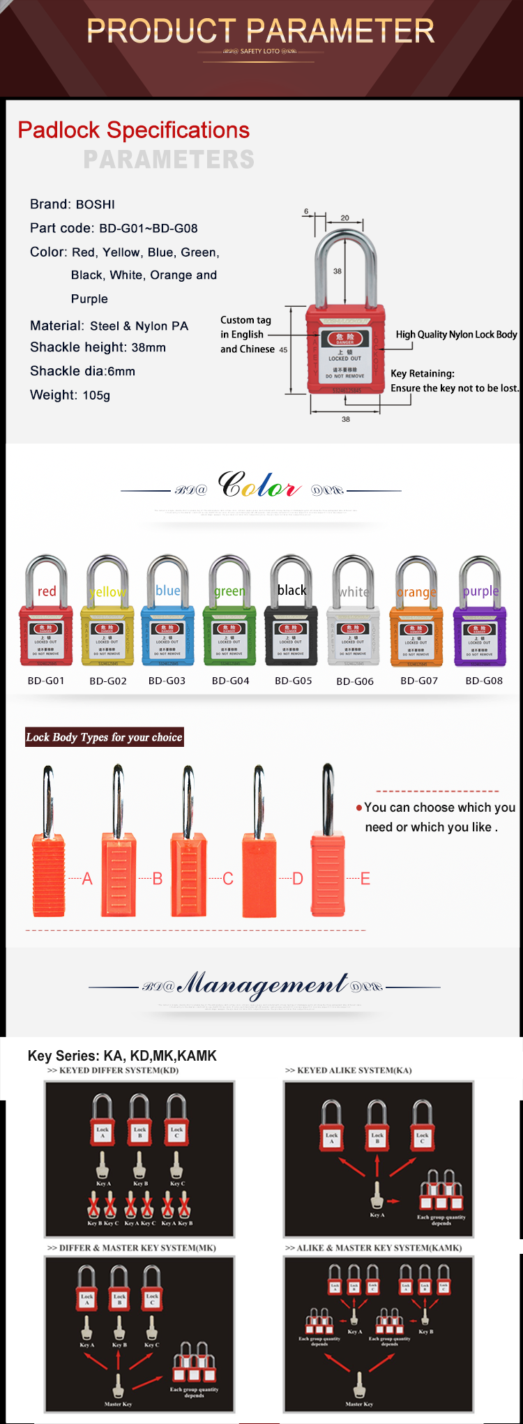 8 Colors Safety Lockout Padlocks With Triple Coated Hardened Steel Shackle