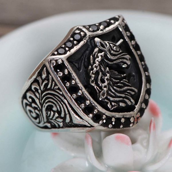 Retro Sterling Silver Engraved Unicorn Pave Black Cubic Zircon Men Ring (043890)