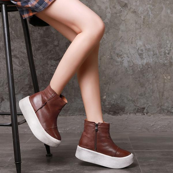 S040 Round toe retro leather women's boots fluffy flat wedge heel literary fan original handmade thick-soled women's
