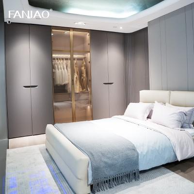 French Style Gray Custom Bedroom Wardrobe With Glass Door Recessed Handles