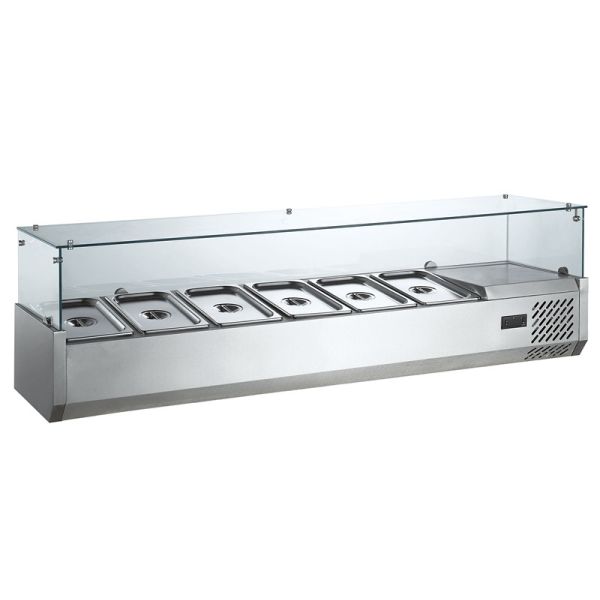 Mostrador de ensaladas con tapa de vidrio, usado