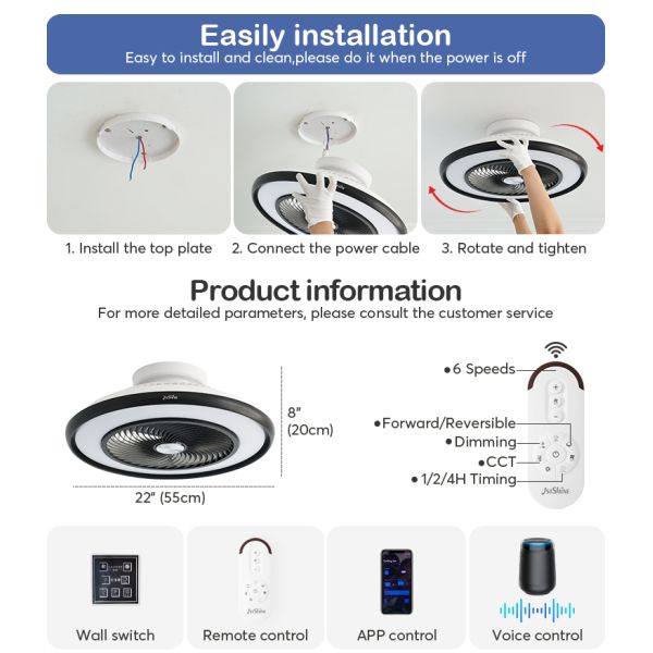 22 Inch Modern Flush Mount Ceiling Fan with LED Light – Compact, Quiet, and Stylish