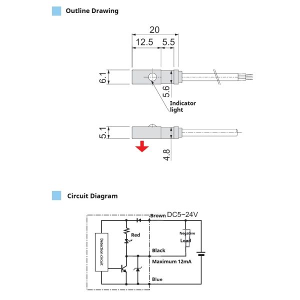 Downward Magnetic Detection Direction NPN Normally Open Magnetic Proximity Sensor 5v with Red Indicator Light