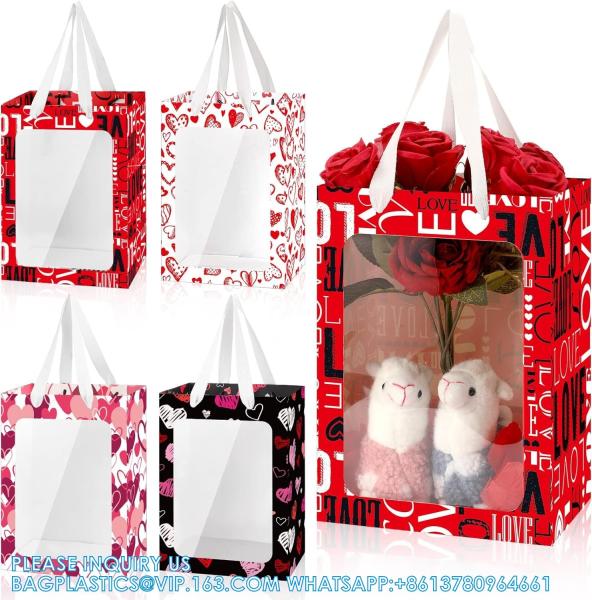 Valentine'S Day Heart Gift Bag With Clear Window And Handles 10 X 7 X 3.15 Inch Gift Bags For Valentine'S