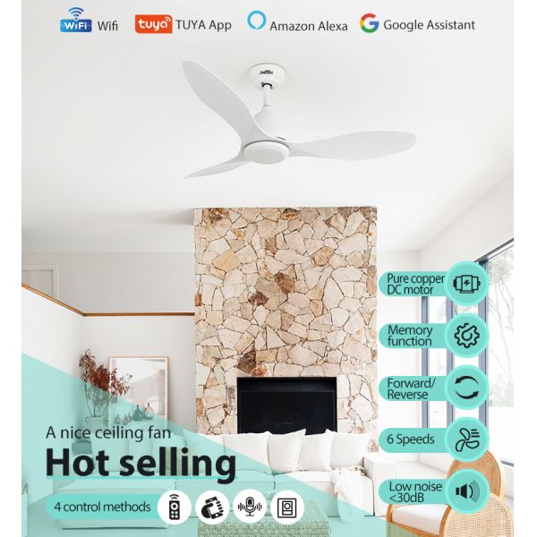 1stshine Ventilador de tecto de 48 polegadas sem luz Branco 3 lâminas ABS Controle remoto Sem luz