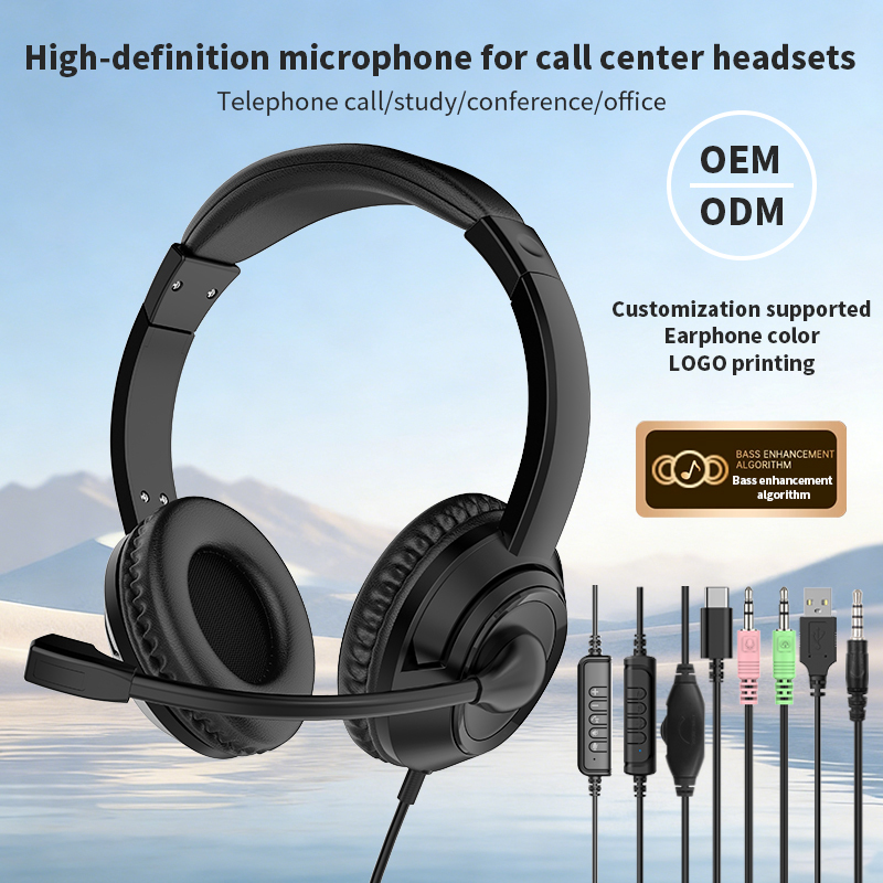 JTY-1026Wired Call Center Headset with  Microphone, 3.5mm/USB/Type‑C Multi‑Interface Over‑Ear Headphone, Volume Control Wired Headset for Office Conference Online Class Home Work,OEM/ODM customization