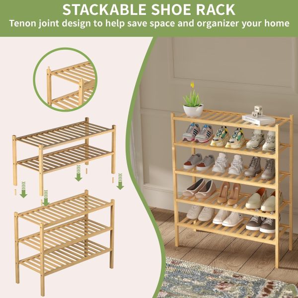 Home Storage Wood Shoe Rack for Small Spaces 3 Tier Bamboo Shoe Shelf Organizer