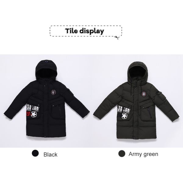 Bilemi Solid Black Thick Hooded Warm Boys Winter Jacket Fashion Parka Kids Downcoat