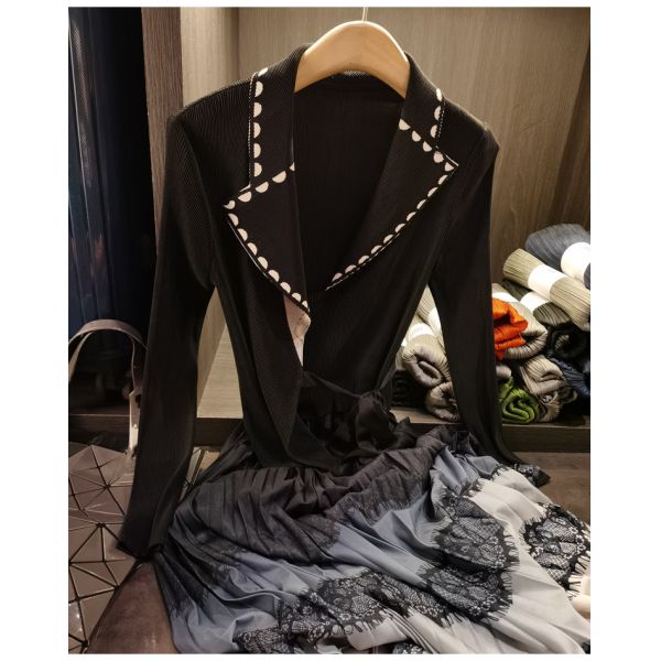 Autumn New Elegant Color-Blocking Printed Pleated Faux Two-Piece Dress Plus Size Casual Chiffon Lace Long Sleeves Suit Collar