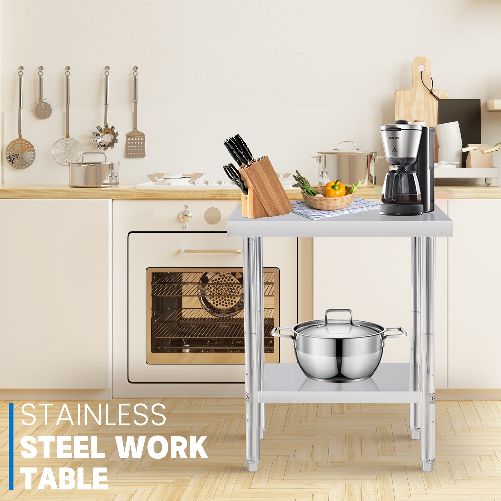 Double-layer Stainless Steel Work Table with Durable Construction and Customized Size for Commercial Kitchen