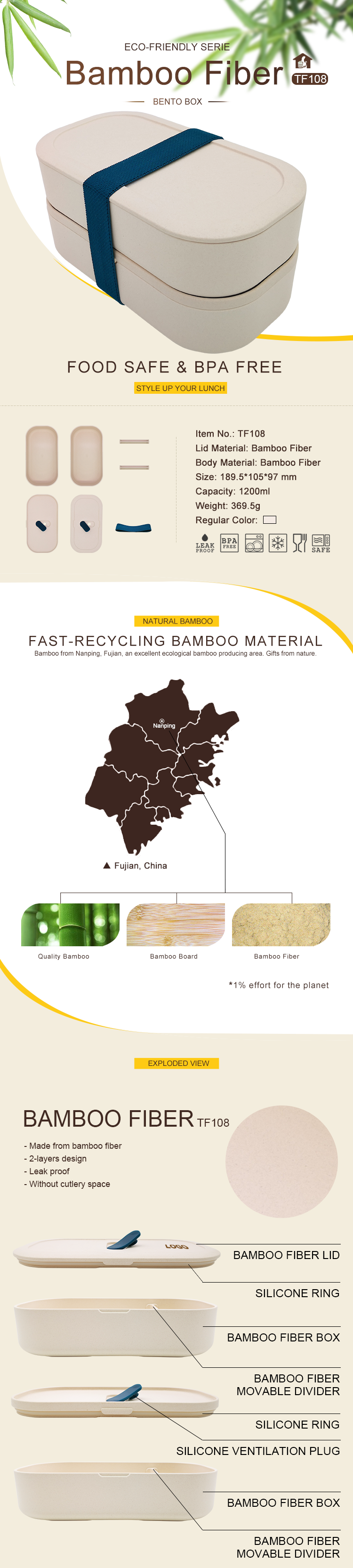 Convenient Microwavable Bamboo Fiber 2-Layer Lunch Bento Box for Office and Outdoor
