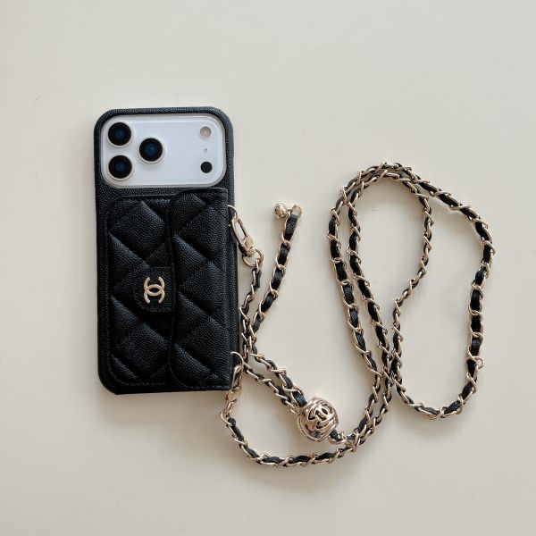 Caviar Diamond-patterned Card Slot Crossbody Chain case for 114 Pro Max, iPhone 16 Pro Protective Case, 17 Pro