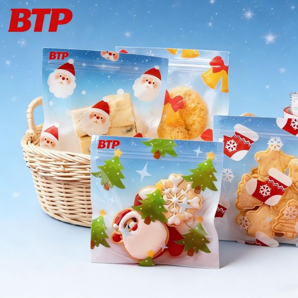 Christmas New Year Food Snack Candy Cookie Moisture Proof Laminated PET/CPP Zipper Plastic  Bag with Window Digital Printed