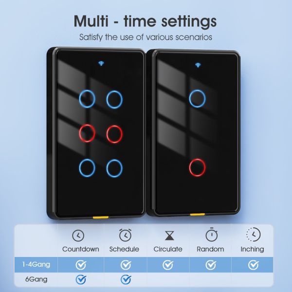 Tuya Smart WiFi 6 Gang Light Switch  No Neutral Wire, Timing, Voice Control, RF433, Alexa & Google Home Compatible