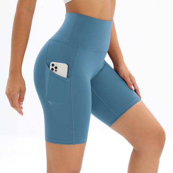 Solid color pocket double-sided brocade high-waisted hip lifting tight exercise yoga shorts running fitness pants
