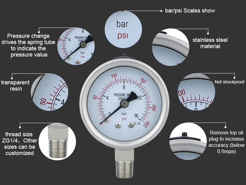 16bar 2.5-inch NPT1/4 Thread Connection 304ss Stainless Steel Pressure Gauges for Outlet