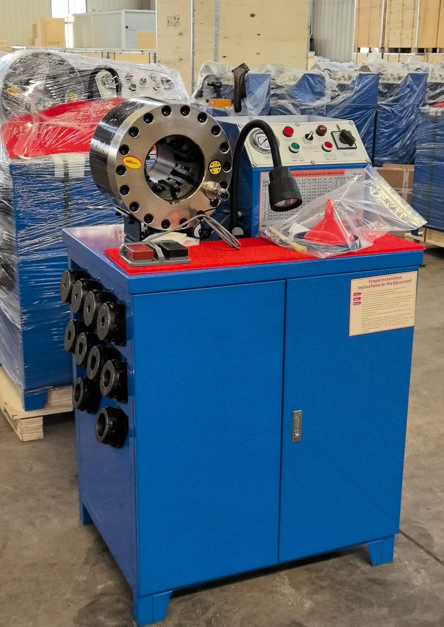 2 Inch 600T 31.5Mpa Rubber Hose Crimping Machine Higher Model Blue Color 3kw Motor Button Control Systerm 220v/240v/380v/415v Voltage With 6-51mm Crimping Range And 10 Interchangeable Dies