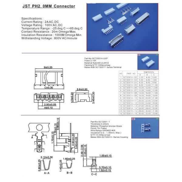 JST PHR 2.0mm Pitch 2-10 Pin Connector Extention Cable Lead Plug Harness
