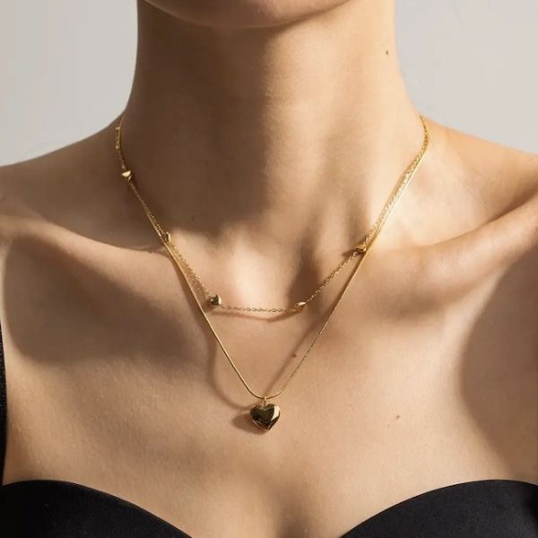 OEM женские ожерелья Титановые стальные сердца Двойной слой Золотой ожерелье