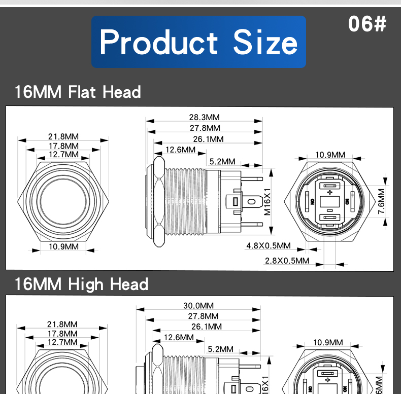 15A High Current Self-Locking LED Momentary Industrial Control Power Switch 16MM Alumina Push Button 1NO Waterproof IP65 Max
