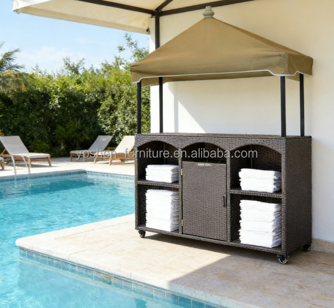 Best Selling Hotel Outdoor Pool Equipment Storage Plastic Rattan Pool Cabinet Towel Storage Poolside With Wheels