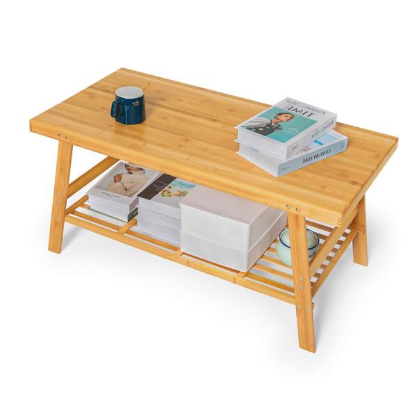 50x100x48.5cm Mesa de café de bambu de duplo nível com prateleira de armazenamento aberta para sala de estar