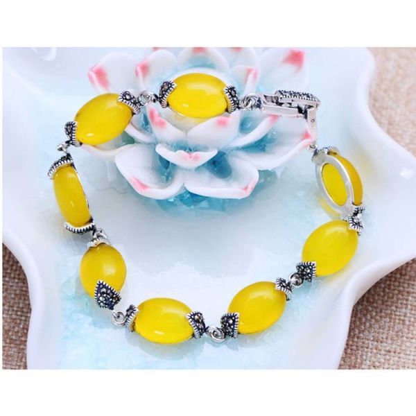 Thai 925 Vintage Sterling Silver Yellow Cubic Zircoina Tennis Bracelet (055728)