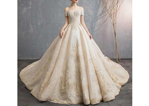 Champagne Off Shoulder Long Tail Bridal Gown Generous Lace Beading Custom Size