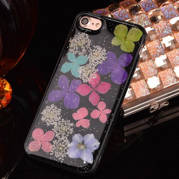 Soft TPU Black Colorful Real Flowers Specimen Cell Phone Case Back Cover for iPhone7 7 plus 6s plus