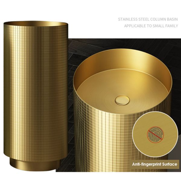 Floor Standing Stainless Steel Pedestal Sink , Cylindrical Wash Basin Brushed Gold Color