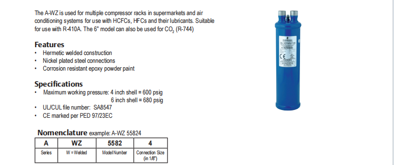 Эмерсон A-WZ 55824 Серия A-WZ Сепаратор масла холодильный компрессор Части