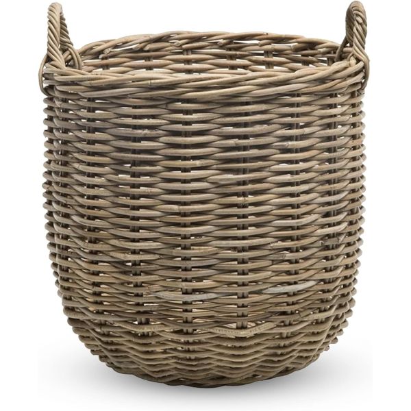 Rattan Kobo Round Storage Basket, Handwoven Rattan Basket With Handles, Organization & Home Decor For Storage, Gray-Brown