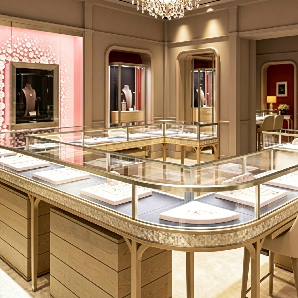 Luxury Champagne Gold LED Eco-Friendly Jewelry Store Interior Design Complete Turnkey Fixture Package U-Shaped Central Showcase