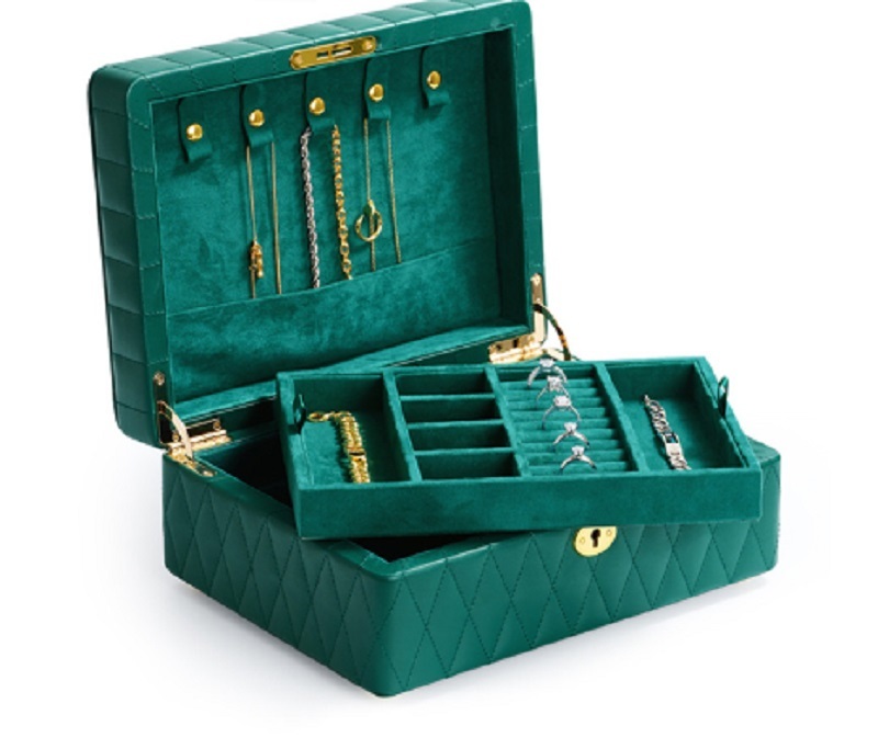 Luxury Emerald Green Quilted Leather Jewelry Box with Built-in Lock and Multi-Layer Organizer