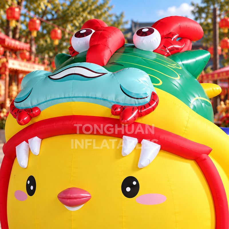 Custom Inflatable Yellow Chick Mascots with Lion Dance Hood and Red Hat Designs for Festivals and Mall Promotions