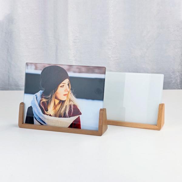 Durable Tabletop Sublimation Glass Photo Frame With Wooden U Shaped Base