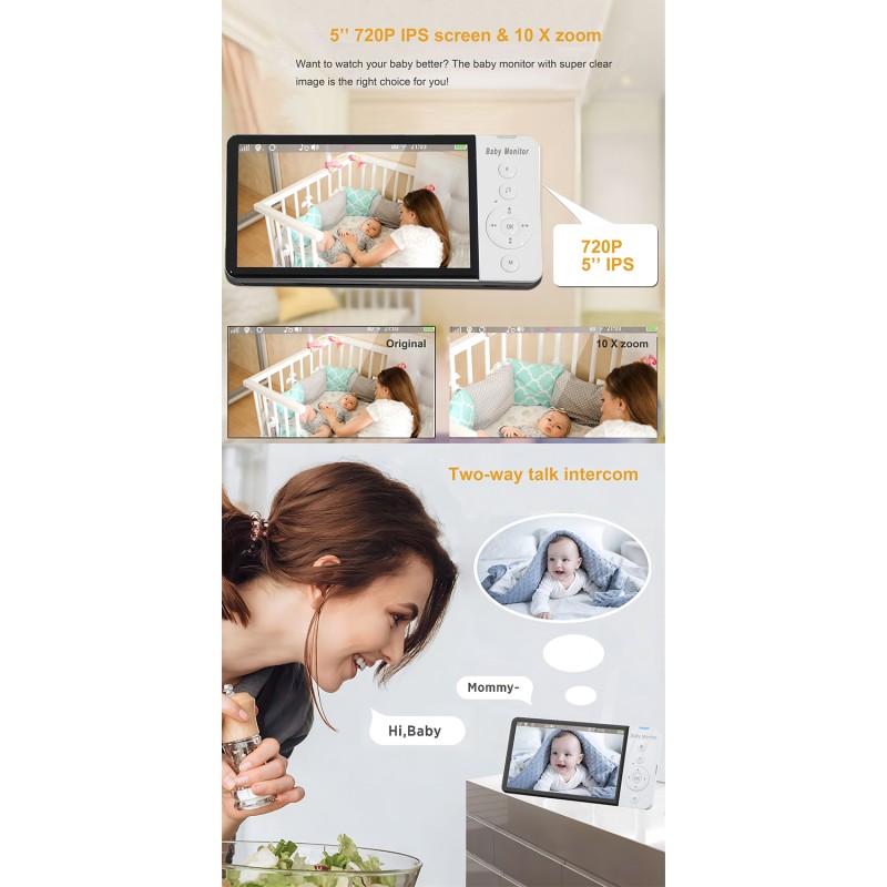 Smart Baby Pet Monitor PTZ Camera 5.0 Inch Screen Big Battery Sleep IR Night Vision Two-Way Audio Music Talk-Back