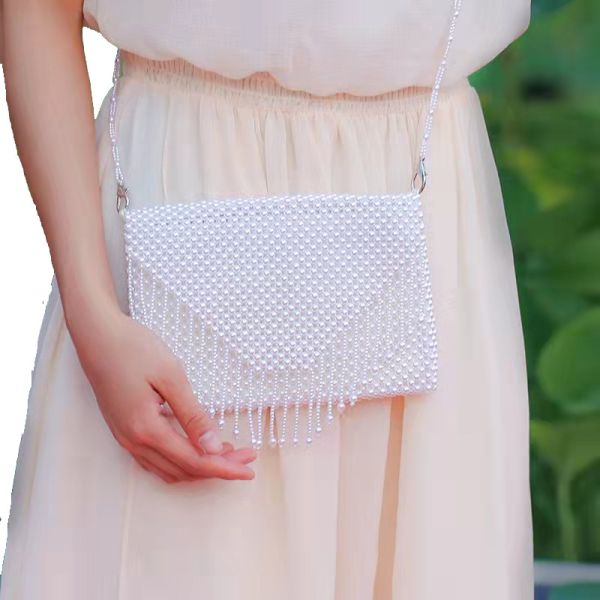 White Pearl Hand Bags Tassel Straddle Shoulder with 54 Cm Strap