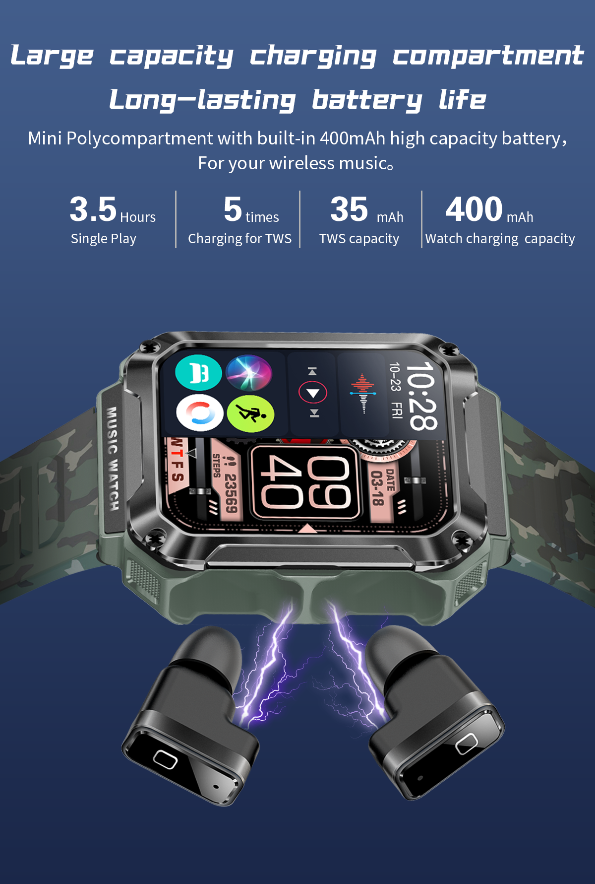 Newly Sport TWS Smartwatch 3in1 Music Player 4GB Memory 400Mah Call Men Watch With Headphones T93 Smart Earphones