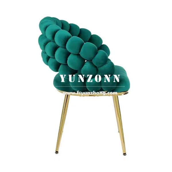 Wholesale Modern Style Gold Metal Legs Hotel Armchair Upholstered Beige Velvet Fabric Pompom Dining Chair