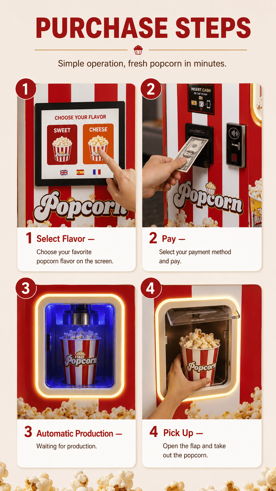 Commercial Automatic Popcorn Vending Machine 24 Hours Unattended Self Service Cinema Popcorn Maker Multi Flavor Popcorn Dispenser For Mall Arcade Amusement Park Customizable