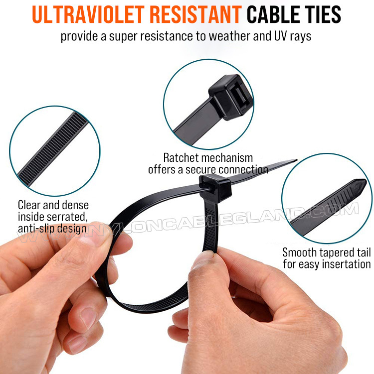 Features of Nylon 612 (Polyamide 612) Solar Cable Ties Black Nylon 612 (Polyamide 612, PA612) Cable Tie, Heavy Duty, UV & Weather Resistance, 350mm x 7.6, For Outdoor Solar Facilities