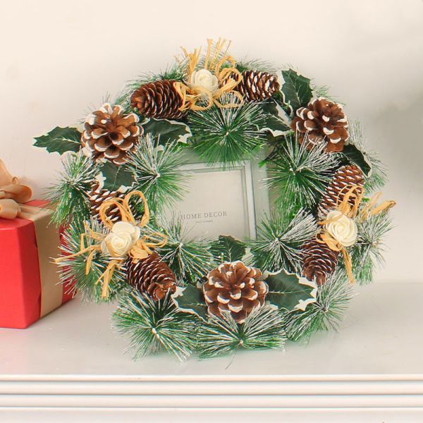Plush Cloth and Plastic Christmas Pinecone Wreath for Outdoor Christmas Decorations