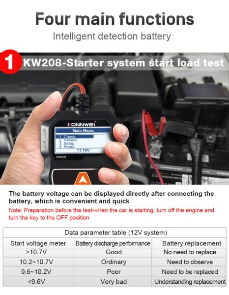 CE certified Konnwei KW208 100-2000cca Digital Battery Tester For 12V Cars